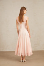 Flowy A-Line Square Neck Cap Sleeve Open Back Midi Cocktail Dress