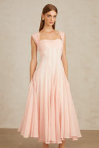 Flowy A-Line Square Neck Cap Sleeve Open Back Midi Cocktail Dress