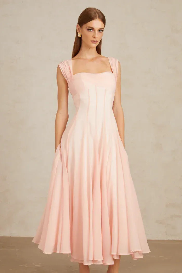 Flowy A-Line Square Neck Cap Sleeve Open Back Midi Cocktail Dress