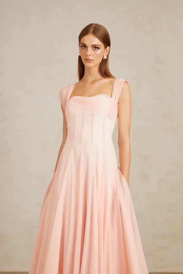 Flowy A-Line Square Neck Cap Sleeve Open Back Midi Cocktail Dress