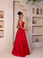 Flowy A-Line Sweetheart Neck Sleeveless Lace-Up Back Train Evening Dress