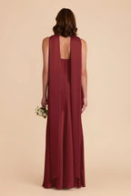 Elegant Flowy Satin Halter-Neck Sleeveless Open Back Floor Length Bridesmaid Dresses