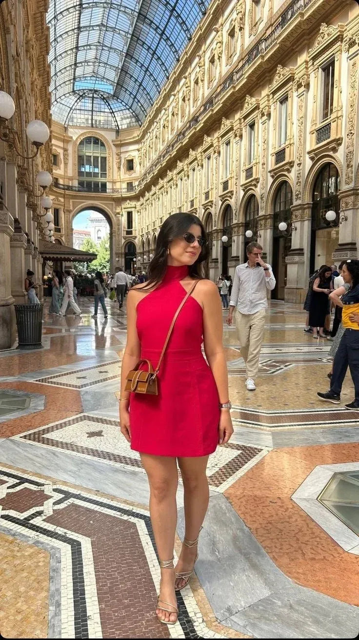 Halter Neck A-Line Mini Dress with High Neck