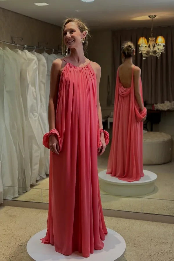 Halter Neck Ruched Open Back Maxi Dress