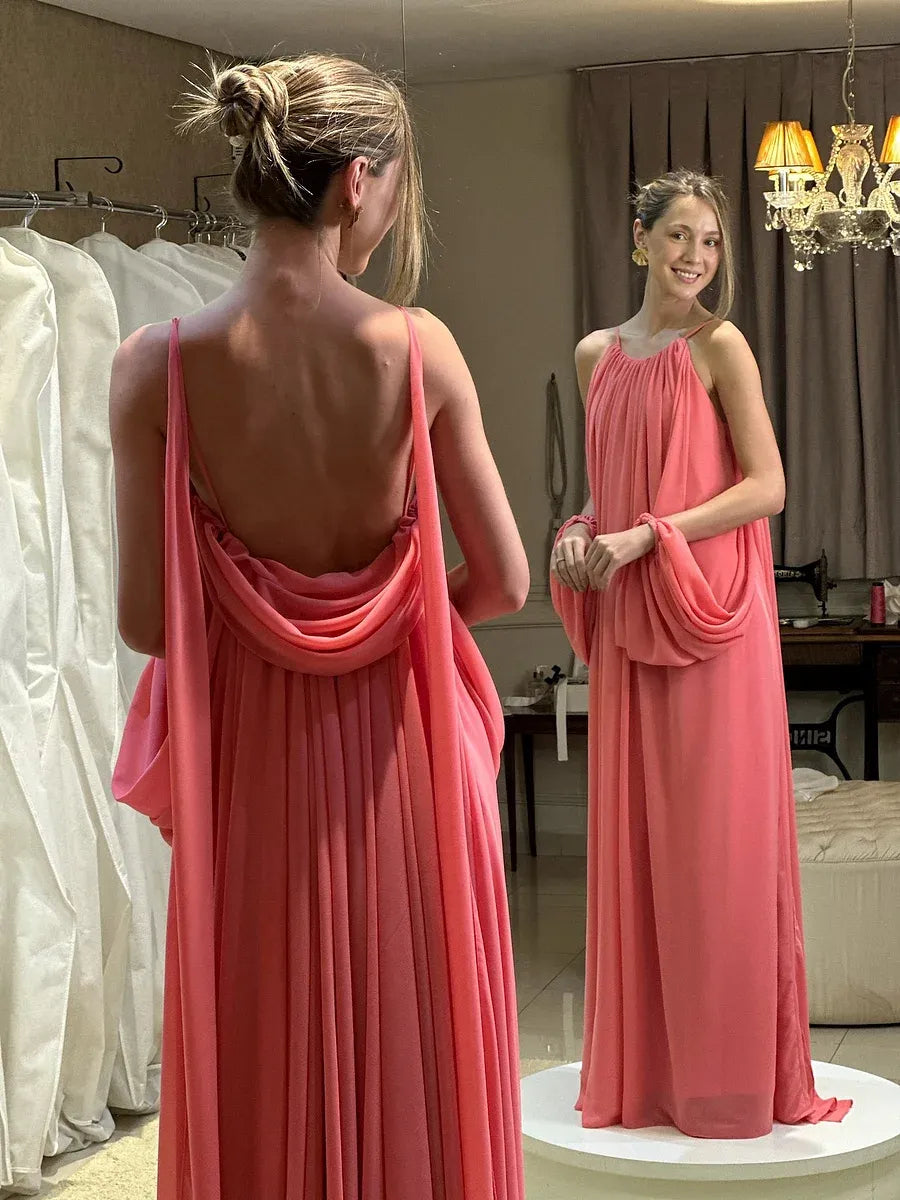 Halter Neck Ruched Open Back Maxi Dress