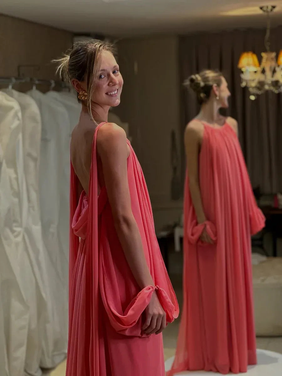 Halter Neck Ruched Open Back Maxi Dress