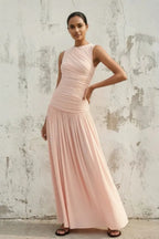 Halter Neck Ruched Tie-Back Pleated Maxi Dress