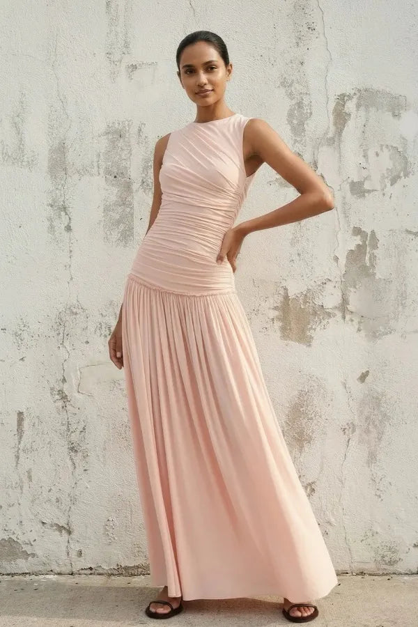 Halter Neck Ruched Tie-Back Pleated Maxi Dress