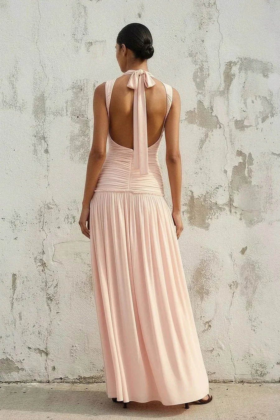 Halter Neck Ruched Tie-Back Pleated Maxi Dress