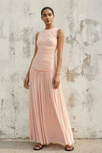 Halter Neck Ruched Tie-Back Pleated Maxi Dress