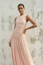 Halter Neck Ruched Tie-Back Pleated Maxi Dress