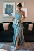Halter Neck Sleeveless Backless Beaded Bow Pleated Evening Dress With Slit