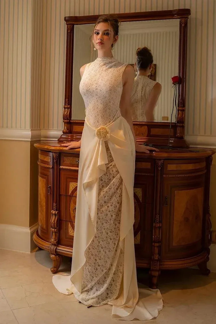 High Neck Applique Draped Sheath Wedding Dress with Train