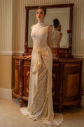 High Neck Applique Draped Sheath Wedding Dress with Train