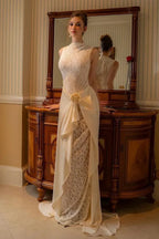 High Neck Applique Draped Sheath Wedding Dress with Train
