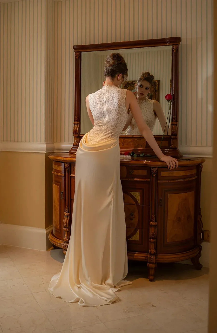 High Neck Applique Draped Sheath Wedding Dress with Train