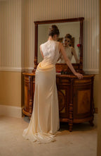 High Neck Applique Draped Sheath Wedding Dress with Train