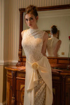 High Neck Applique Draped Sheath Wedding Dress with Train