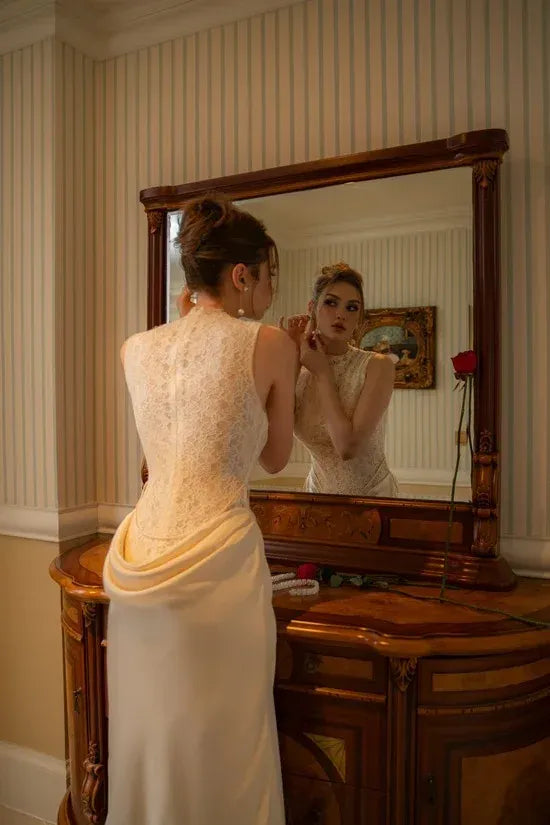 High Neck Applique Draped Sheath Wedding Dress with Train