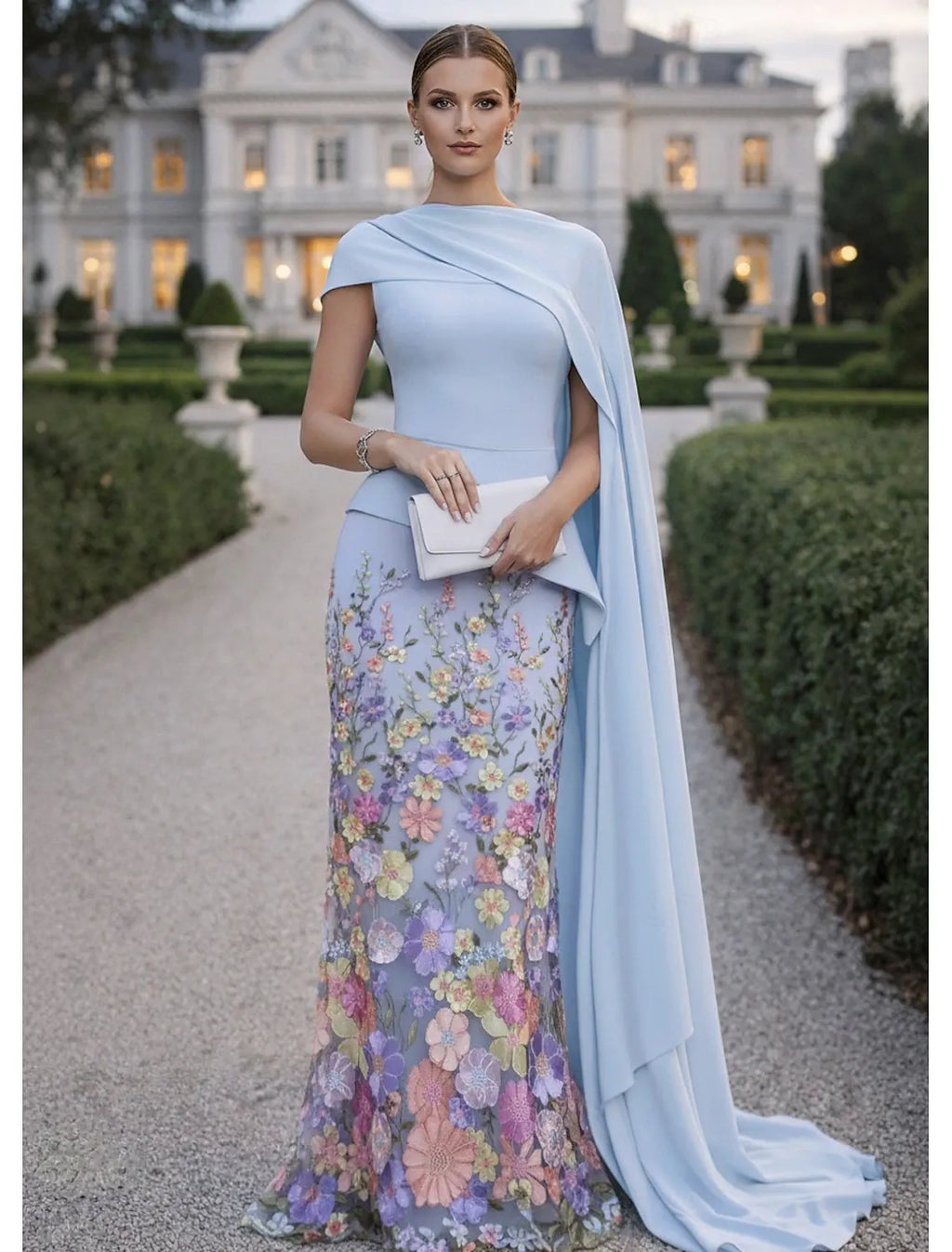 Mermaid Asymmetric Cape Sleeve Maxi Floral Dress