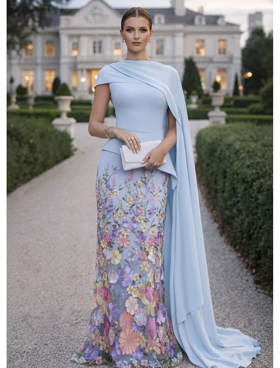 Mermaid Asymmetric Cape Sleeve Maxi Floral Dress