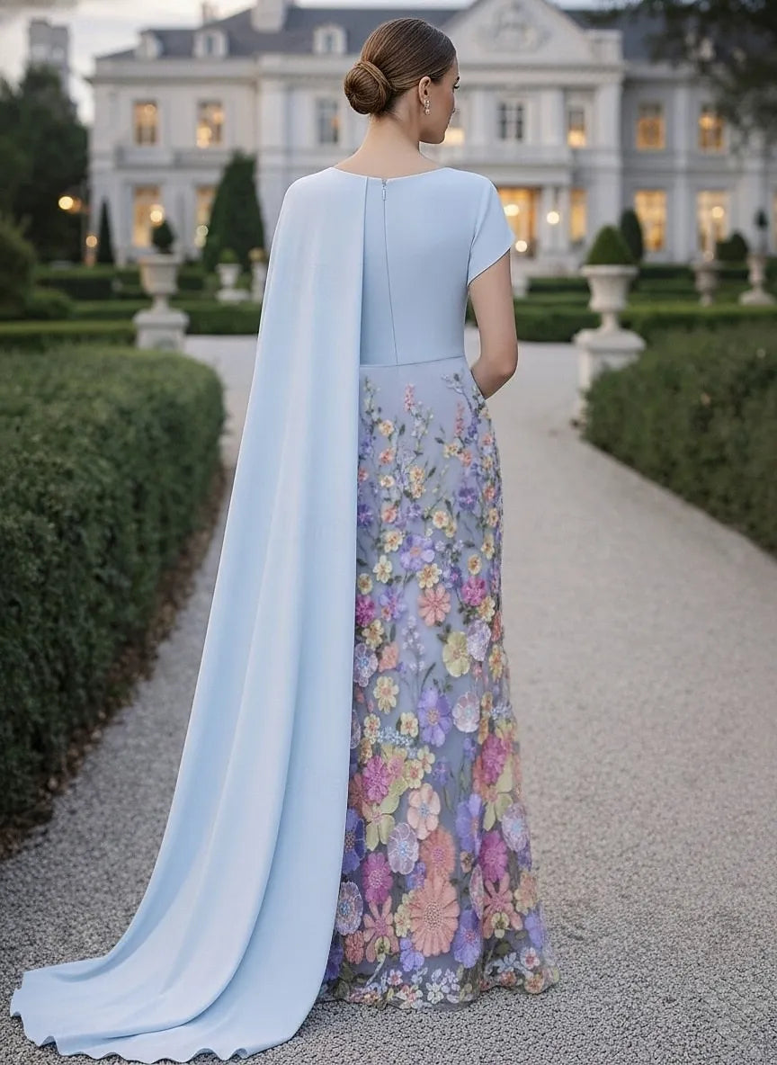 Mermaid Asymmetric Cape Sleeve Maxi Floral Dress