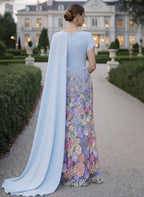 Mermaid Asymmetric Cape Sleeve Maxi Floral Dress