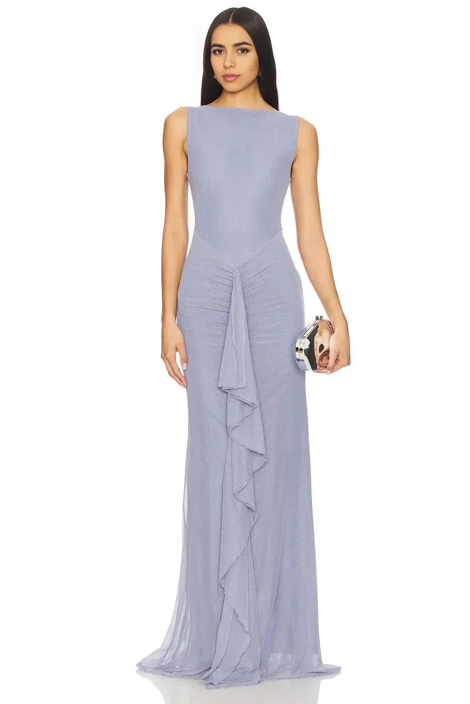 Elegant Mermaid Boat Neck Sleeveless Ruffled Hem Floor Length Evening Dress