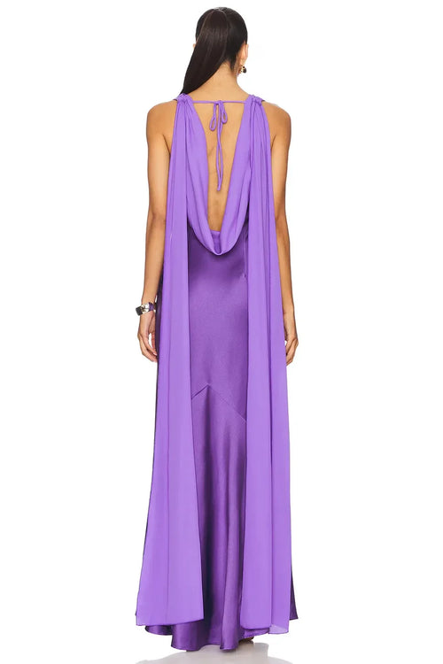 Robe de soirée longue sirène élégante à col bénitier sans manches et dos drapé