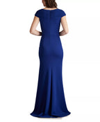 Elegant Mermaid Deep-V-Neck Cap-Sleeve Ruched Back Floor Length Female Prom Dress
