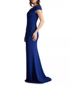 Elegant Mermaid Deep-V-Neck Cap-Sleeve Ruched Back Floor Length Female Prom Dress