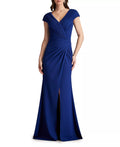 Elegant Mermaid Deep-V-Neck Cap-Sleeve Ruched Back Floor Length Female Prom Dress