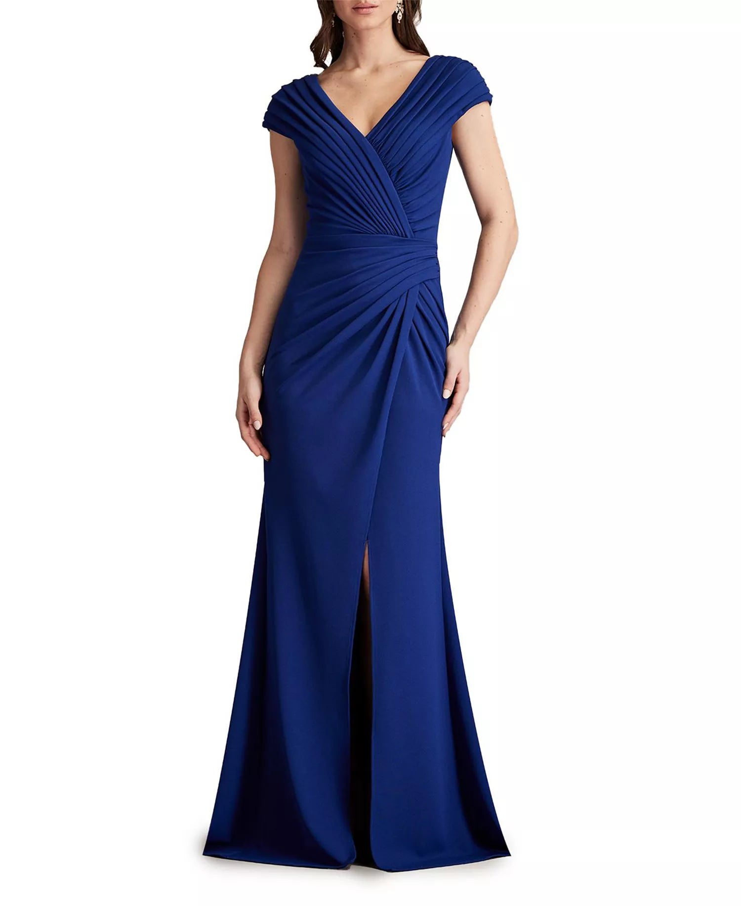 Elegant Mermaid Deep-V-Neck Cap-Sleeve Ruched Back Floor Length Female Prom Dress