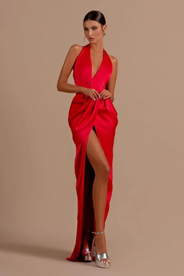 Mermaid Halter Neck Backless Ruched Maxi Dress With Slit & Train