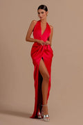 Mermaid Halter Neck Backless Ruched Maxi Dress With Slit & Train