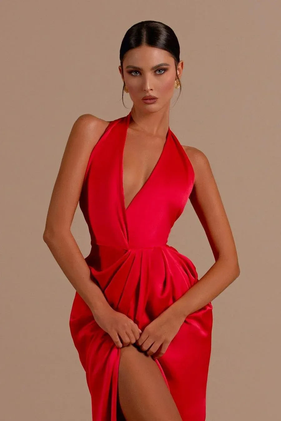 Mermaid Halter Neck Backless Ruched Maxi Dress With Slit & Train