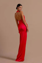 Mermaid Halter Neck Backless Ruched Maxi Dress With Slit & Train
