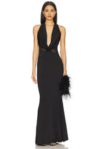 Elegant Mermaid Halter Neck Sleeveless Lace Detail Open Back Floor Length Evening Dress