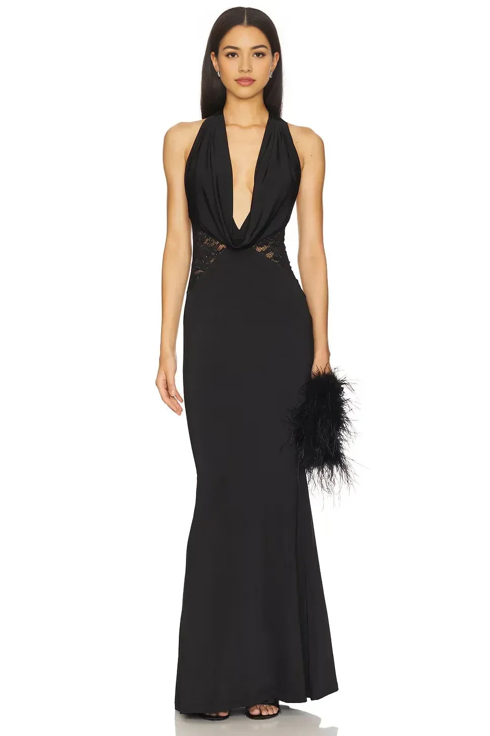 Elegant Mermaid Halter Neck Sleeveless Lace Detail Open Back Floor Length Evening Dress