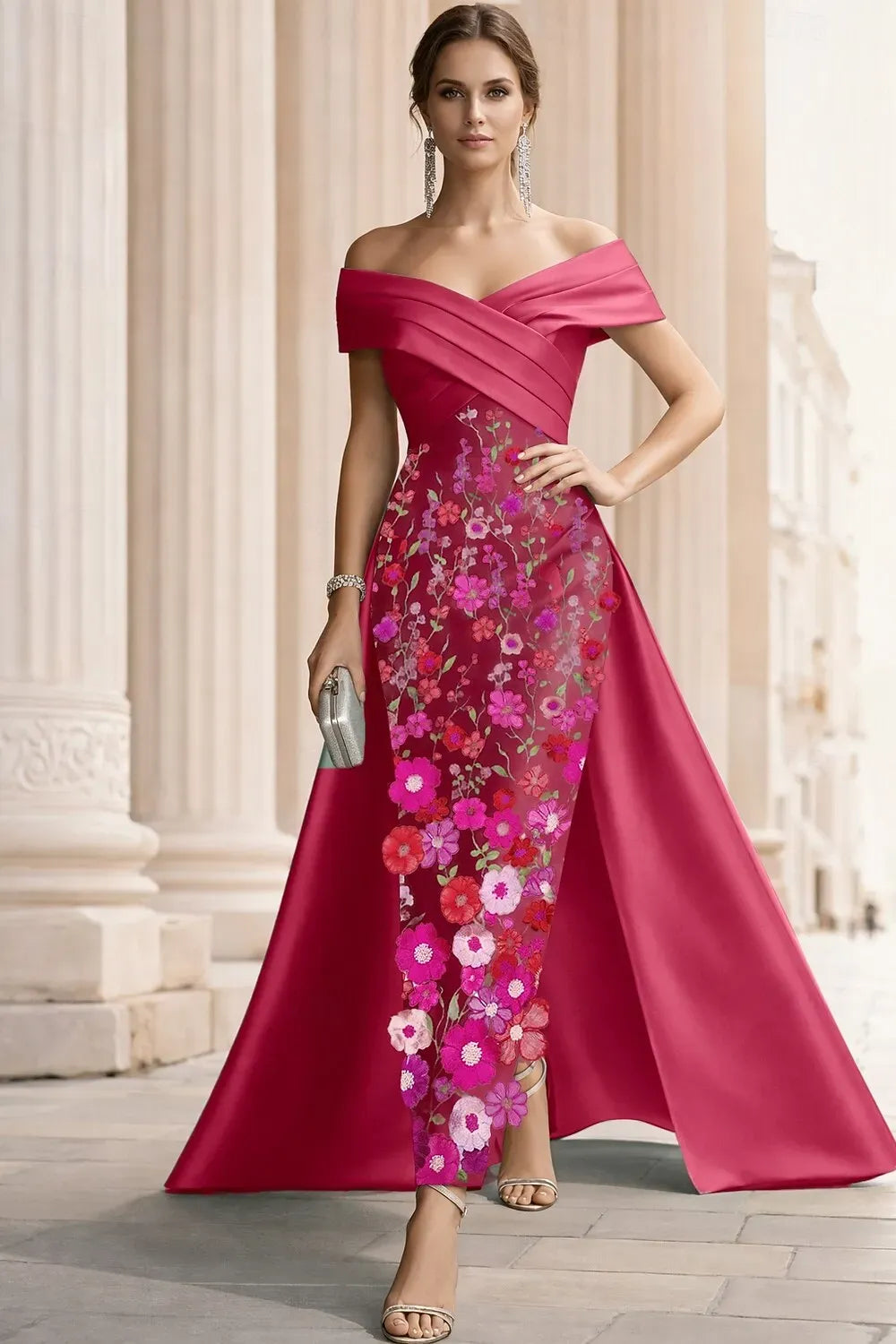 Mermaid Off Shoulder 3D Floral Maxi Dress