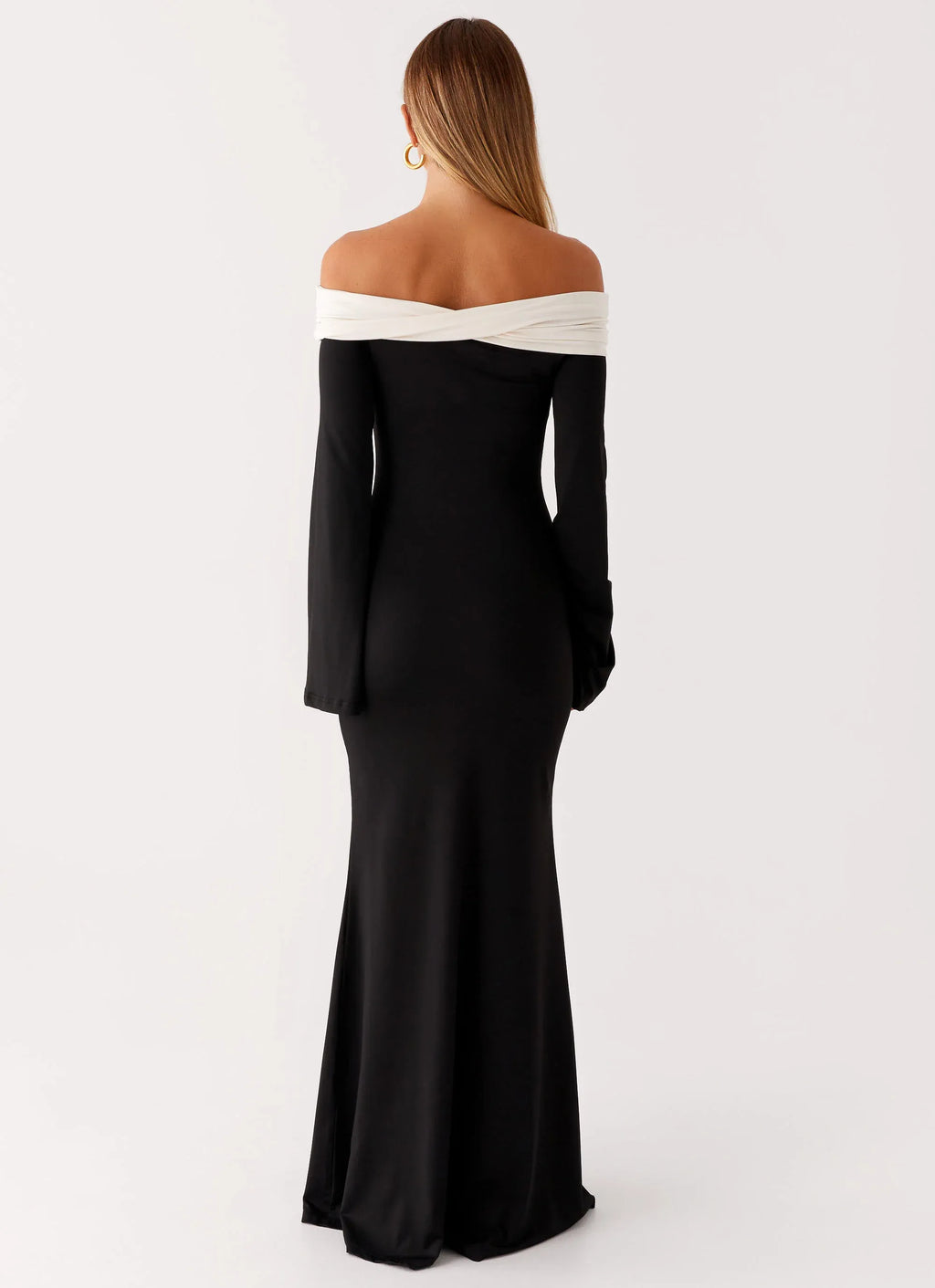 Elegant Mermaid Off Shoulder Bell Sleeve Solid Back Floor Length Plus Size Evening Dress