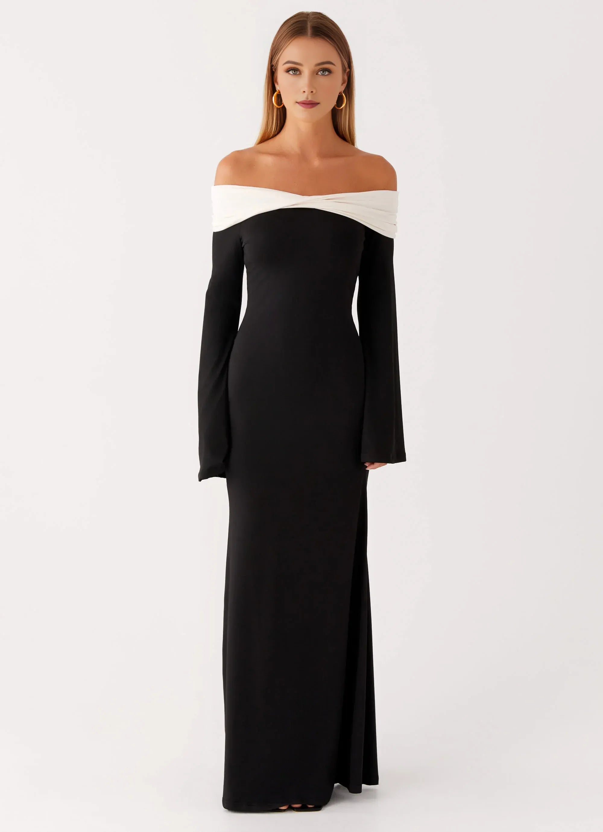 Elegant Mermaid Off Shoulder Bell Sleeve Solid Back Floor Length Plus Size Evening Dress