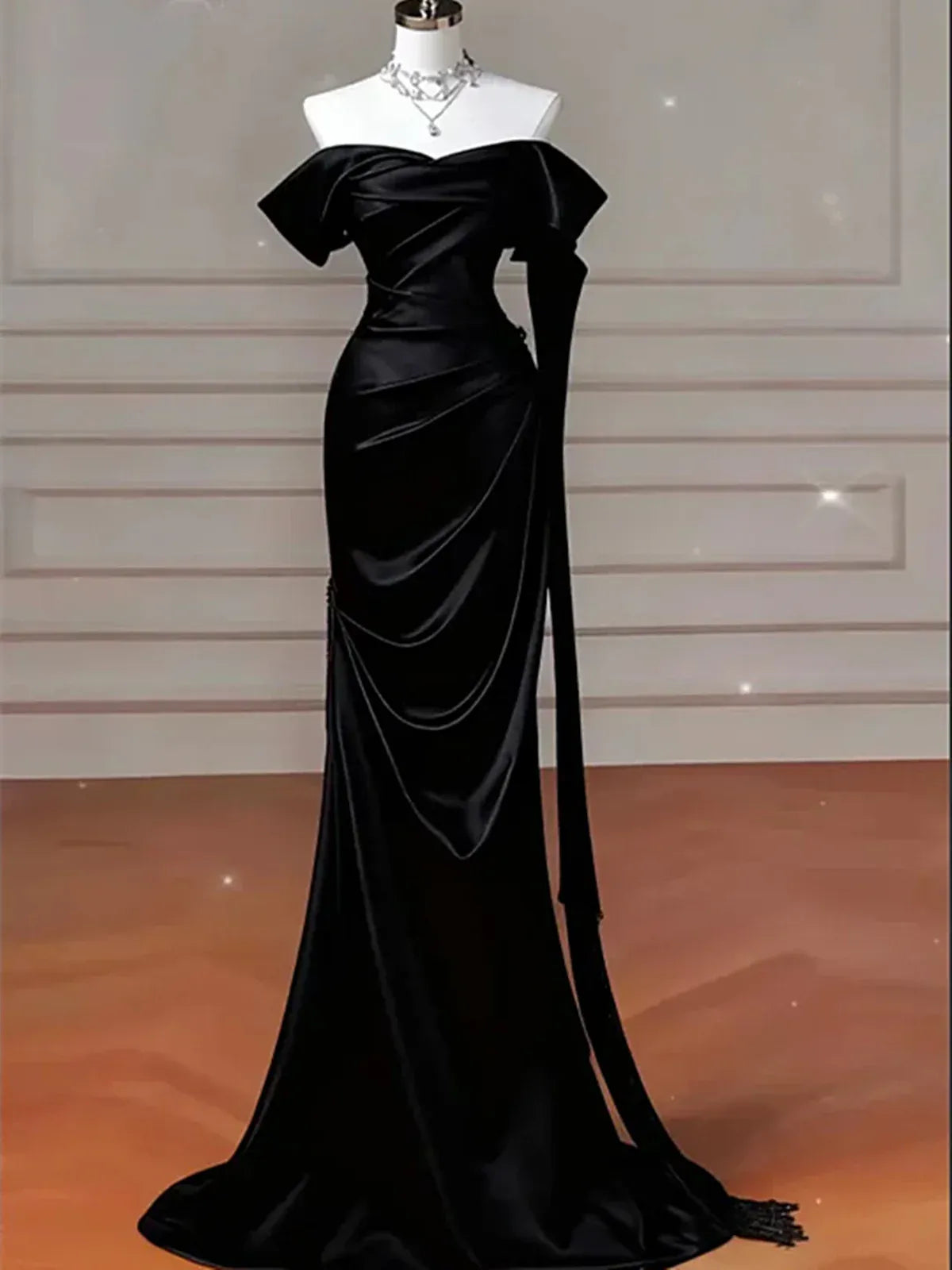 Elegant Mermaid Off Shoulder Draped Sleeve Ruched Back Train Floor Length For Ladies Prom Dress