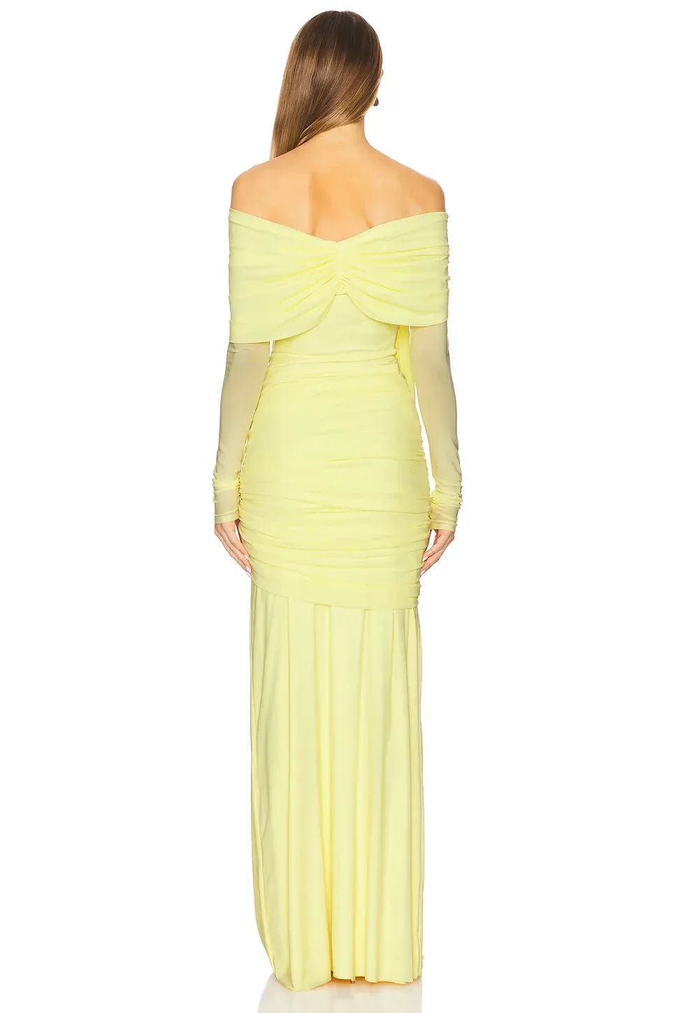 Elegant Mermaid Off Shoulder Mesh Long Sleeve Draped Back Floor Length Evening Dress