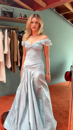Elegant Mermaid Off Shoulder Ruffle Sleeve Ruched Back Floor Length Female Prom Dress