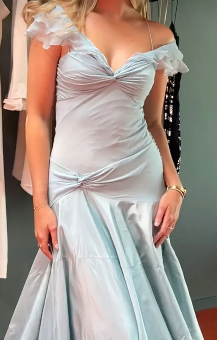 Elegant Mermaid Off Shoulder Ruffle Sleeve Ruched Back Floor Length Female Prom Dress