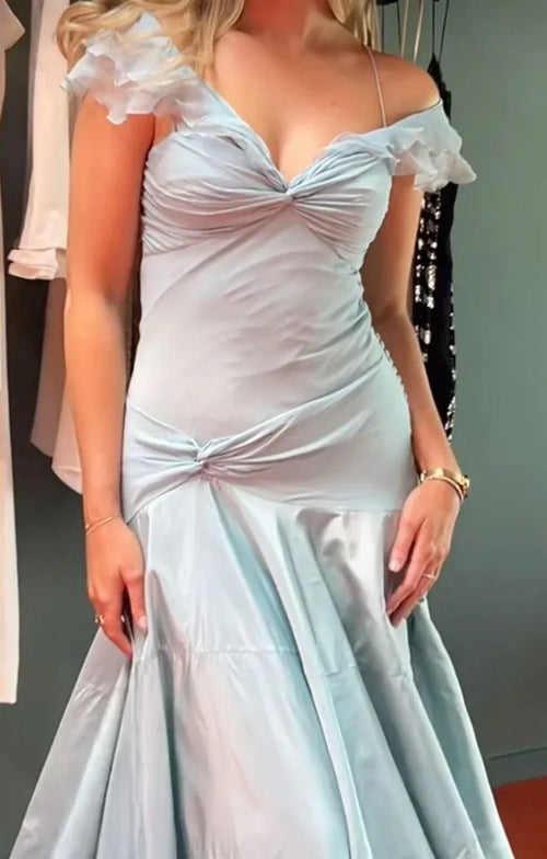 Élégante robe de bal longue de sirène à épaules dénudées, manches à volants et dos froncé pour femme
