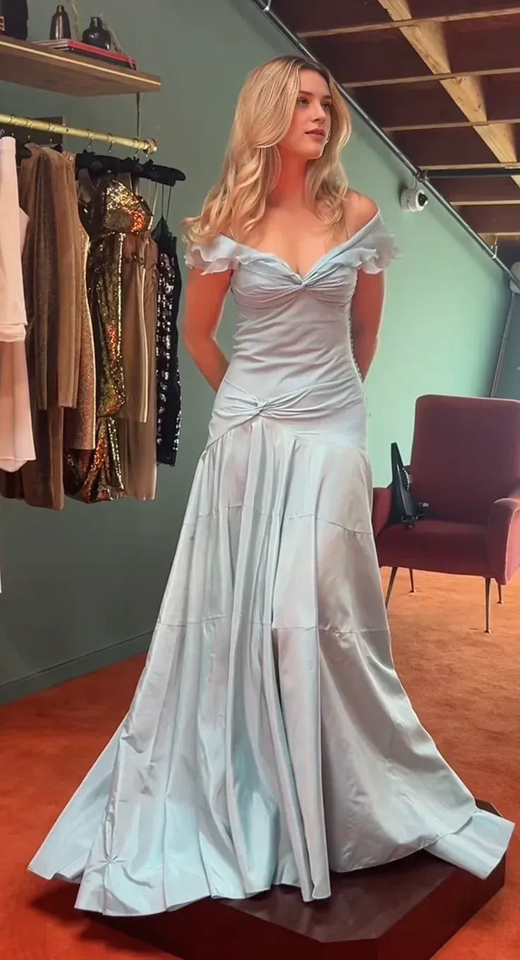 Elegant Mermaid Off Shoulder Ruffle Sleeve Ruched Back Floor Length Female Prom Dress
