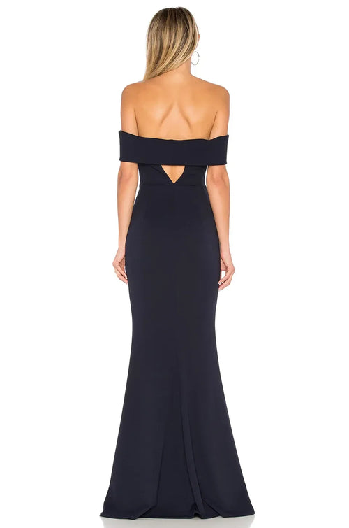Robe de soirée sirène élégante à épaules dénudées, manches courtes, dos ajouré, longueur ras du sol