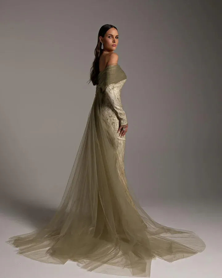 Mermaid Off-The-Shoulder Long-Sleeve Backless Maxi Evening Dress
